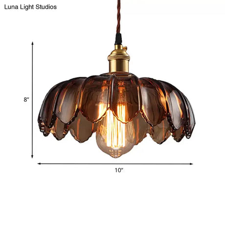 Industrial Scalloped Ceiling Lighting: 1-Light 8’/10’/12’ Wide Brown Glass Hanging Lamp