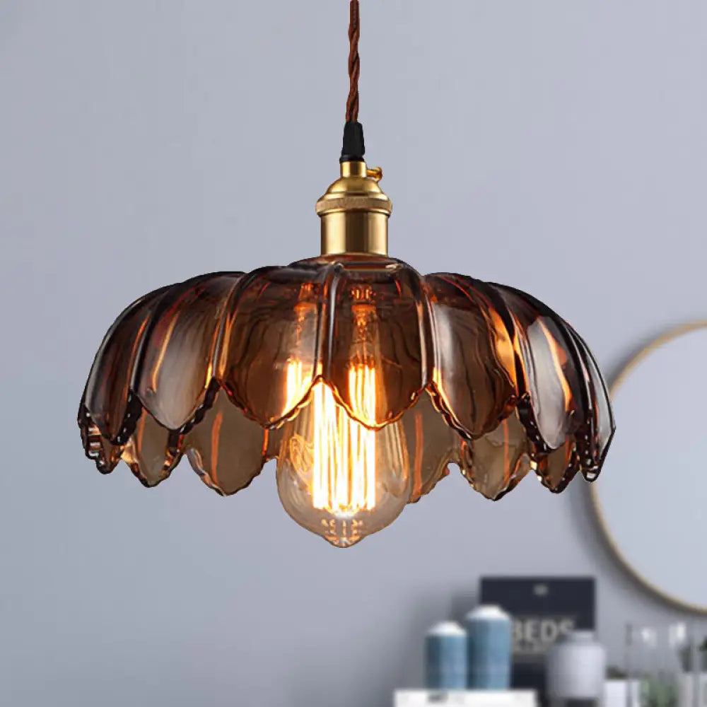 Industrial Scalloped Ceiling Lighting: 1-Light 8’/10’/12’ Wide Brown Glass Hanging Lamp / 8’