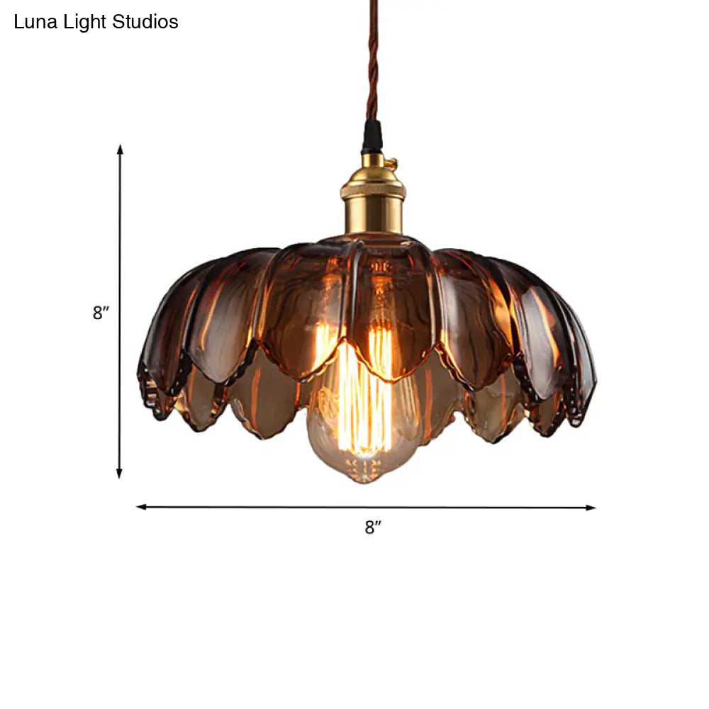 Industrial Scalloped Ceiling Lighting: 1-Light 8’/10’/12’ Wide Brown Glass Hanging Lamp