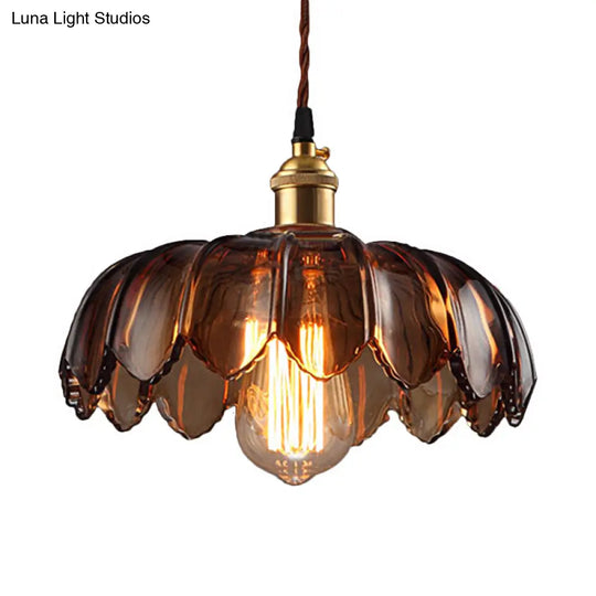 Industrial Scalloped Ceiling Lighting: 1-Light 8’/10’/12’ Wide Brown Glass Hanging Lamp