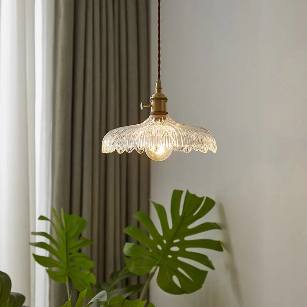 Industrial Scalloped Edge Ceiling Light Single Clear Glass Hanging Pendant For Restaurant / 10’