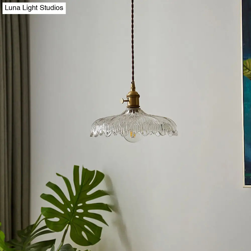 Industrial Scalloped Edge Ceiling Light Single Clear Glass Hanging Pendant For Restaurant