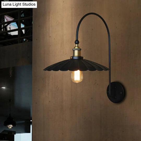 Industrial Scalloped Edge Wall Sconce - Metallic Lamp With Arched Arm Black Ideal For Hallways