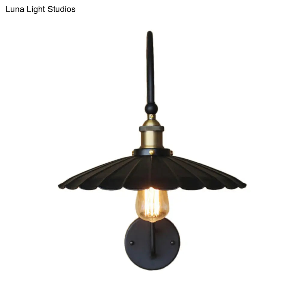 Industrial Scalloped Edge Wall Sconce - Metallic Lamp With Arched Arm Black Ideal For Hallways