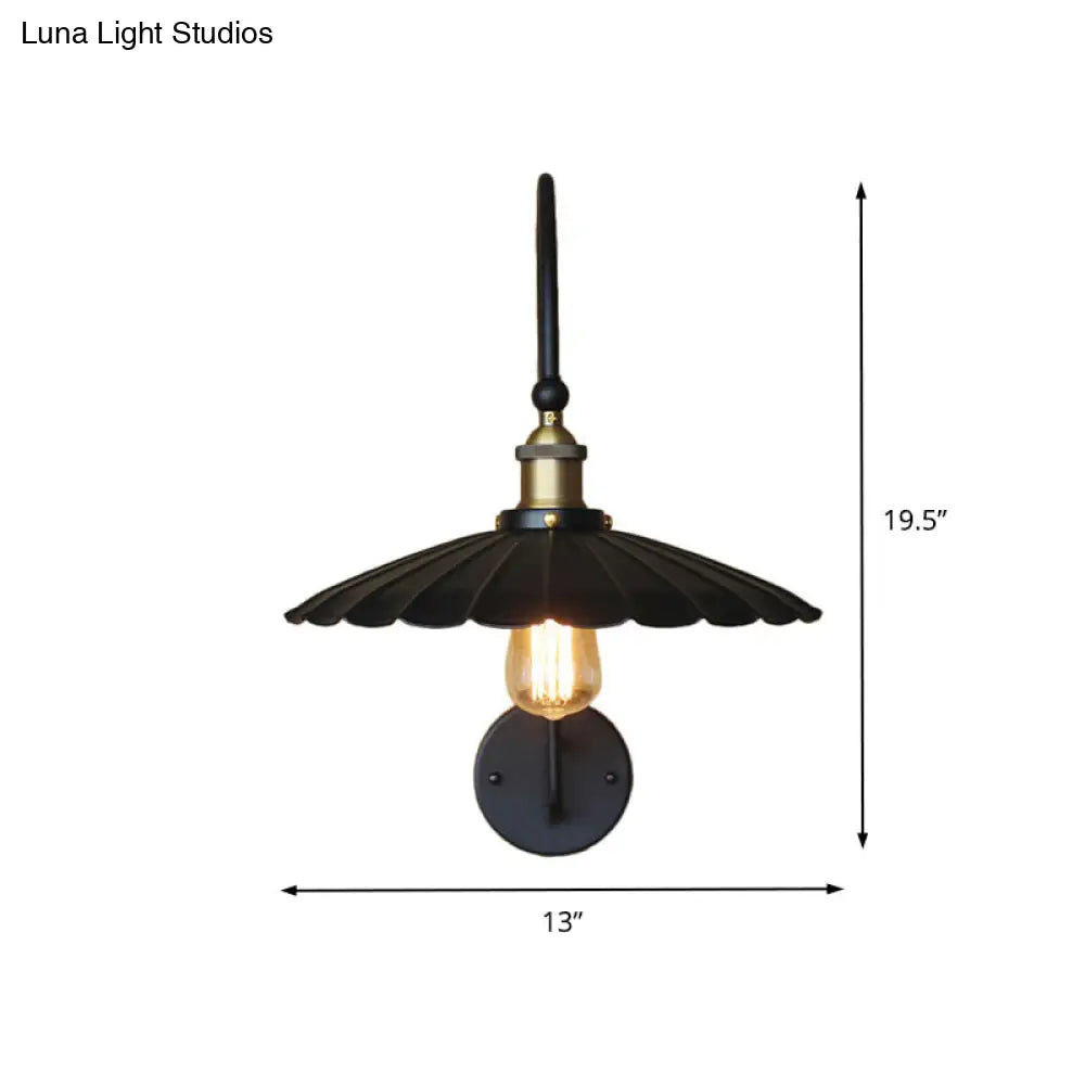 Industrial Scalloped Edge Wall Sconce - Metallic Lamp With Arched Arm Black Ideal For Hallways