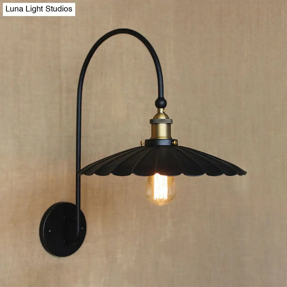 Industrial Scalloped Edge Wall Sconce - Metallic Lamp With Arched Arm Black Ideal For Hallways