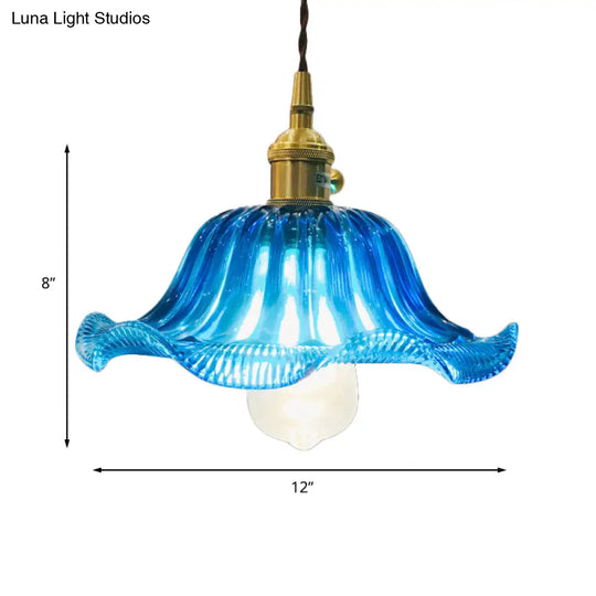 Industrial Scalloped Hanging Ceiling Light - 1-Light Blue Glass Pendant Fixture 12’ Wide