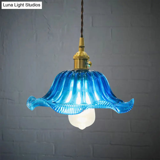 12 Industrial Scalloped Blue Glass Pendant Ceiling Light Fixture / 8