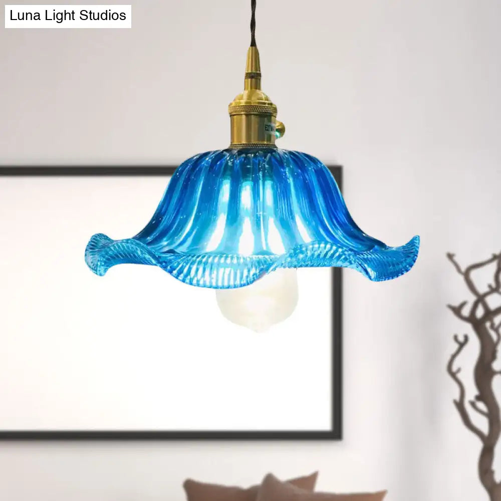 Industrial Scalloped Hanging Ceiling Light - 1-Light Blue Glass Pendant Fixture 12’ Wide