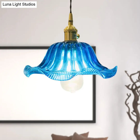 Industrial Scalloped Hanging Ceiling Light - 1-Light Blue Glass Pendant Fixture 12’ Wide