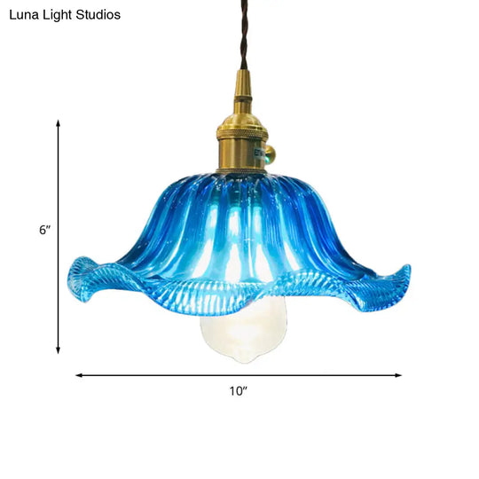 12 Industrial Scalloped Blue Glass Pendant Ceiling Light Fixture