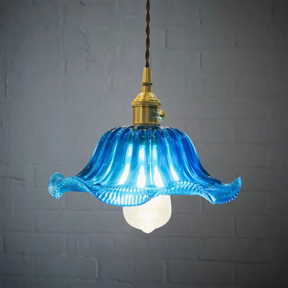 Industrial Scalloped Hanging Ceiling Light - 1-Light Blue Glass Pendant Fixture 12’ Wide / 8’