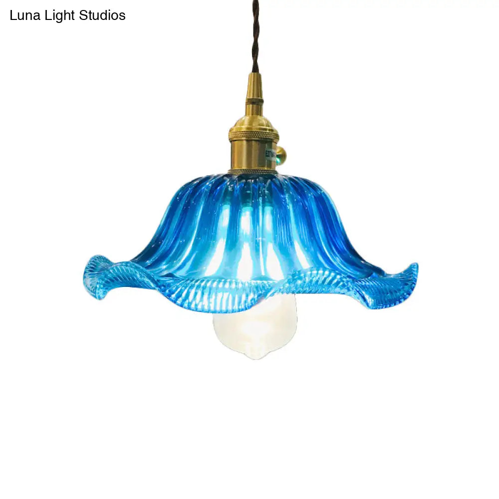 12 Industrial Scalloped Blue Glass Pendant Ceiling Light Fixture