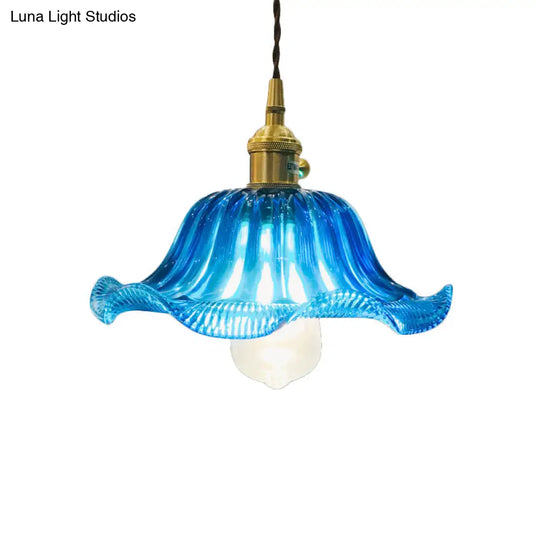 12 Industrial Scalloped Blue Glass Pendant Ceiling Light Fixture