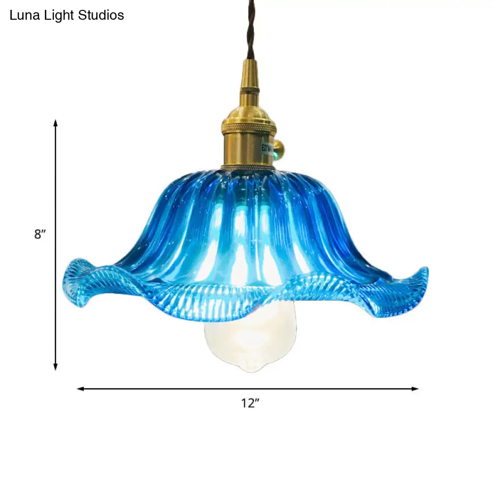 12 Industrial Scalloped Blue Glass Pendant Ceiling Light Fixture