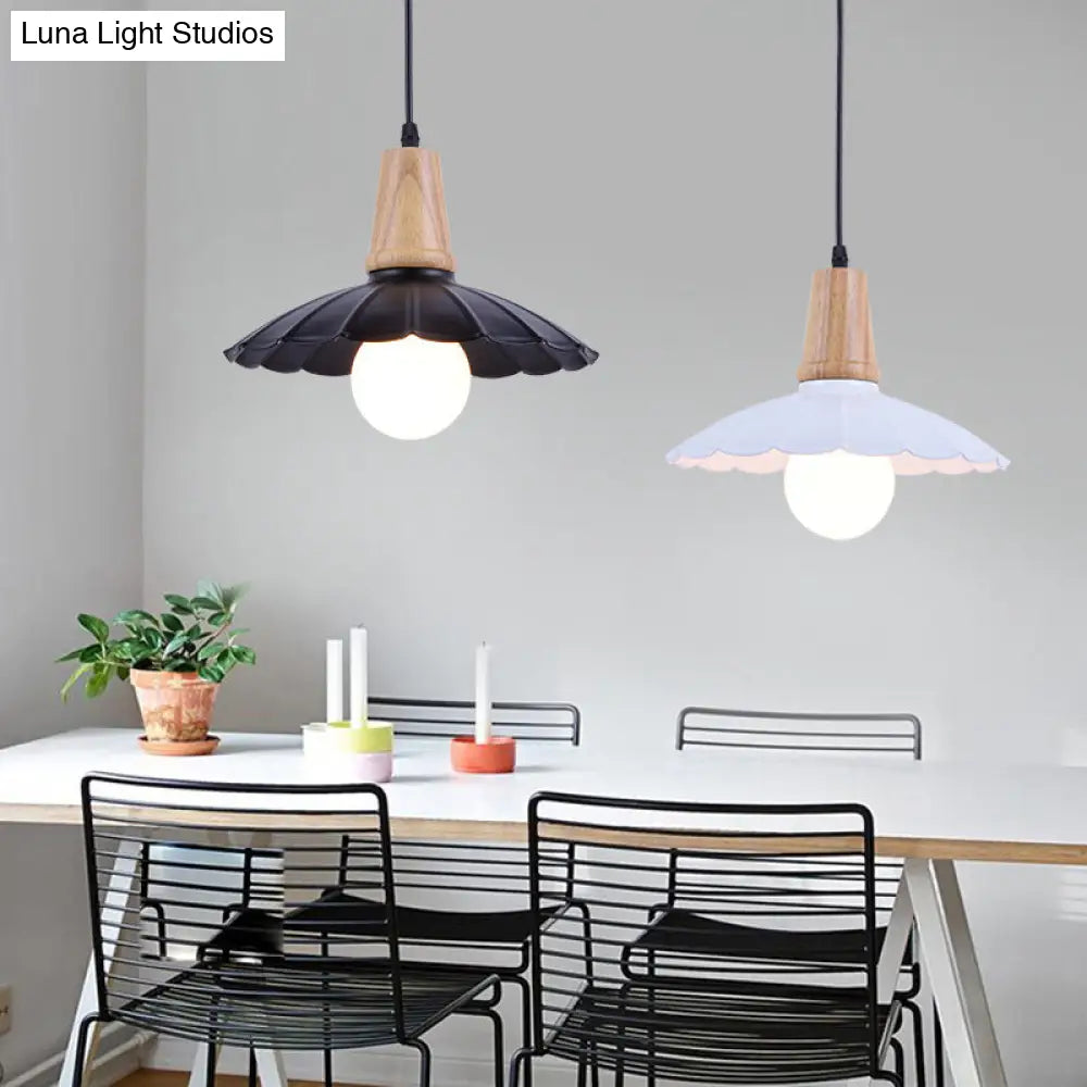 Industrial Scalloped Metal Hanging Pendant Light With Wooden Cap - White/Black