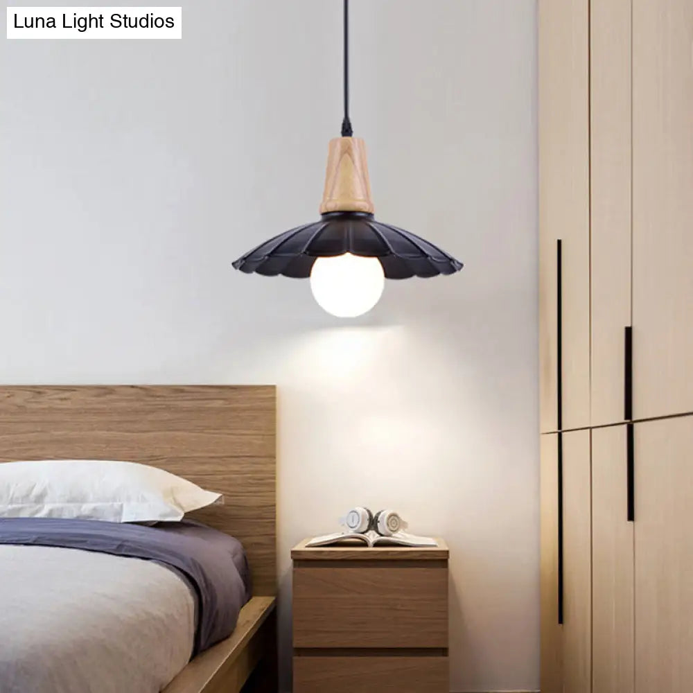Industrial Scalloped Metal Hanging Pendant Light With Wooden Cap - Bedroom Suspension In White/Black