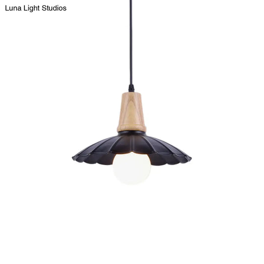 Industrial Scalloped Metal Hanging Pendant Light With Wooden Cap - White/Black