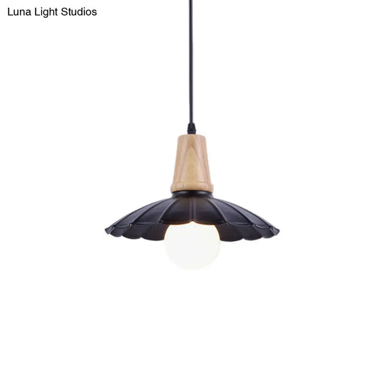 Industrial Scalloped Metal Hanging Pendant Light With Wooden Cap - Bedroom Suspension In White/Black