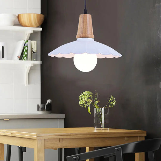 Industrial Scalloped Metal Hanging Pendant Light With Wooden Cap - White/Black White