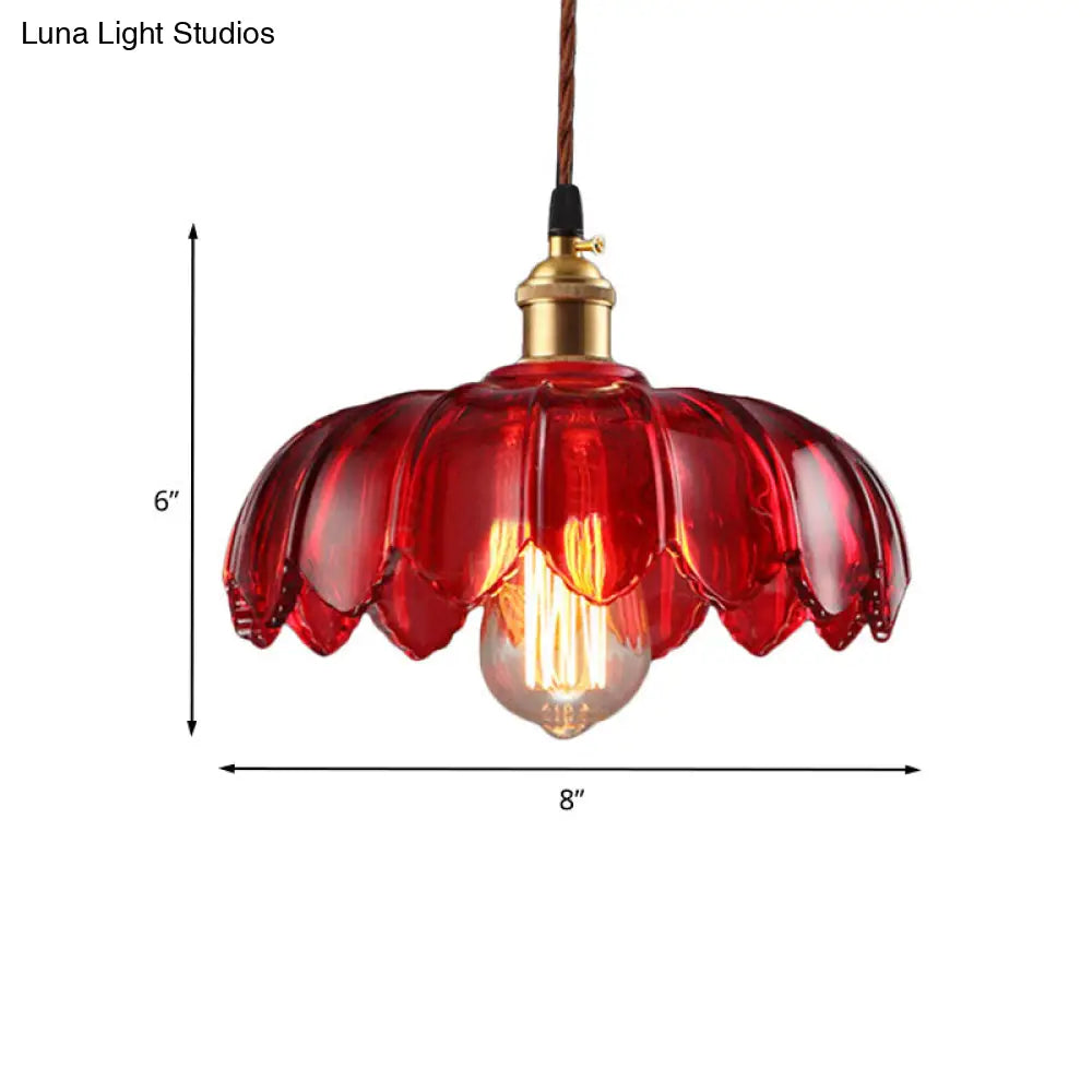 Industrial Red Glass Scalloped Pendant Lamp - 1 Light Ceiling Hanging Fixture For Living Room