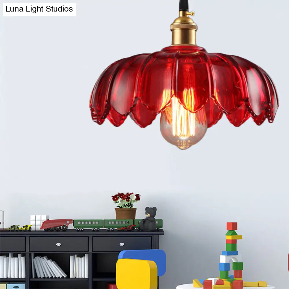 Industrial Red Glass Scalloped Pendant Lamp - 1 Light Ceiling Hanging Fixture For Living Room