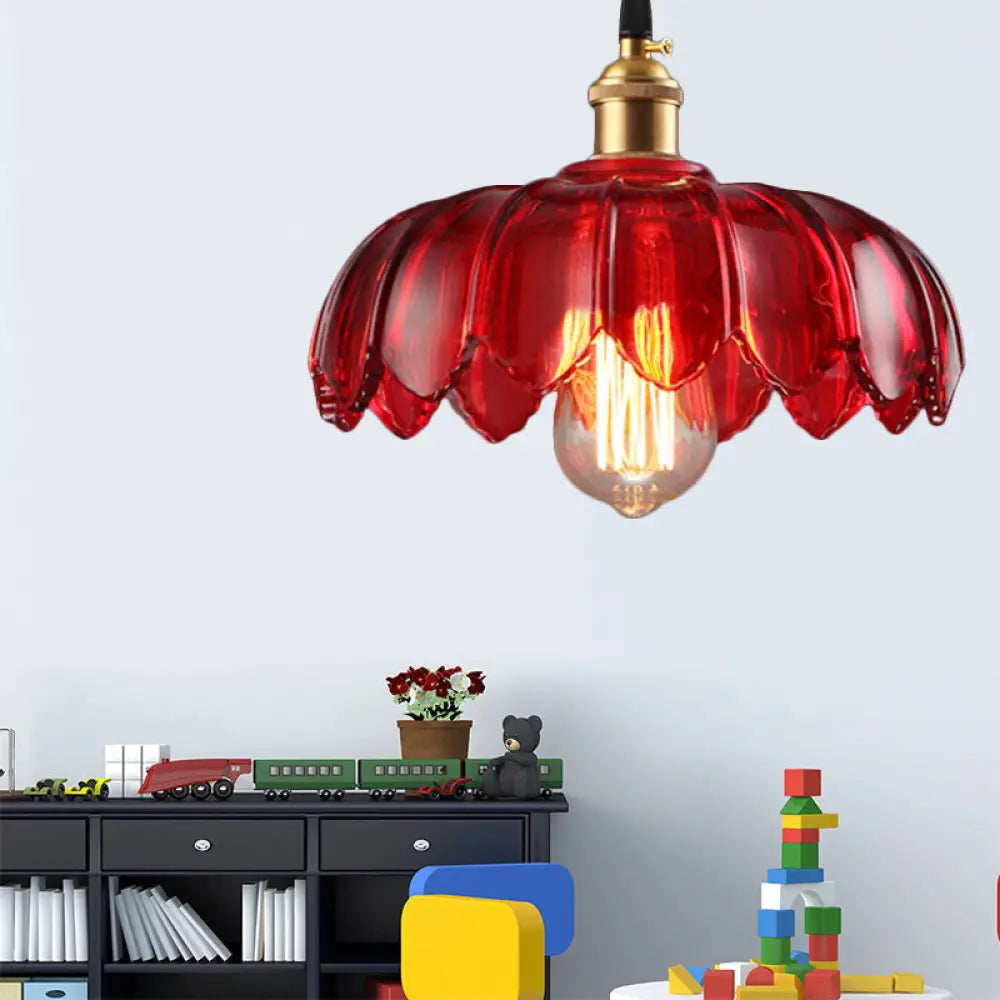Industrial Scalloped Pendant Lamp - 1 Light Red Glass Hanging Ceiling For Living Room
