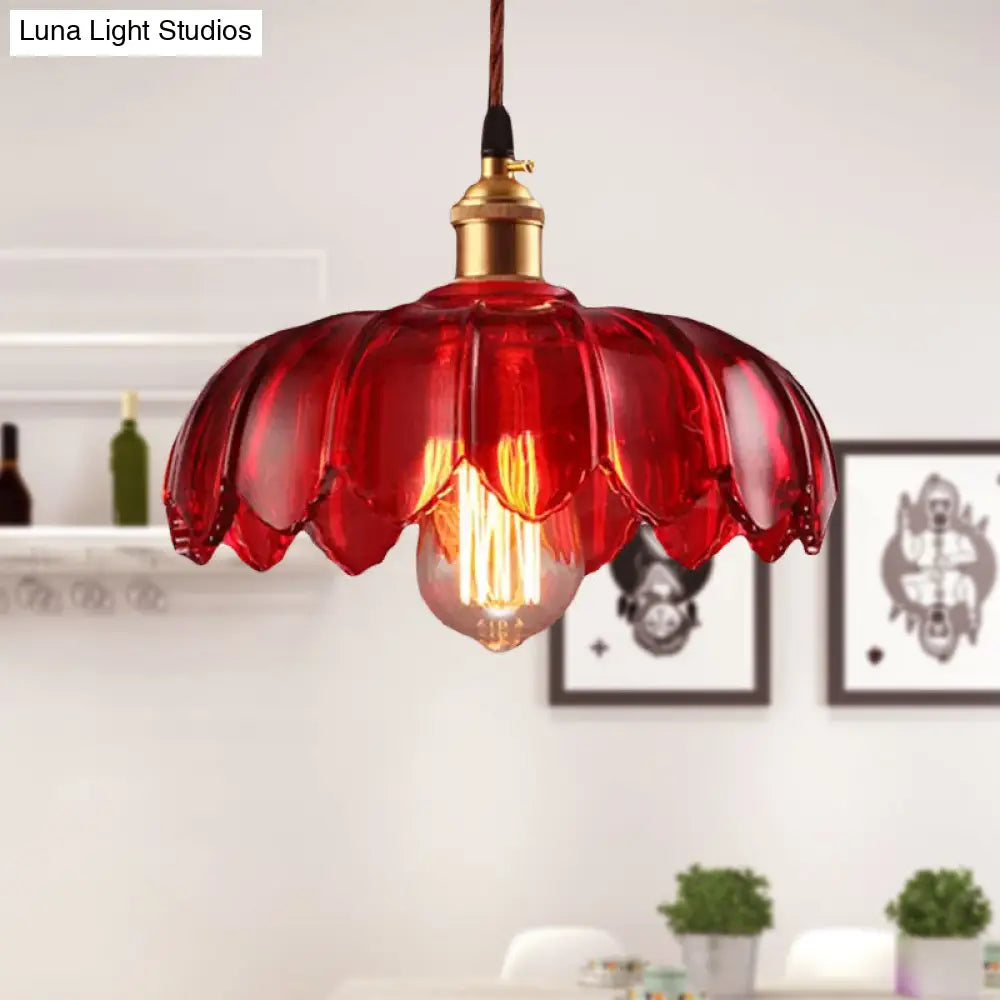 Industrial Scalloped Pendant Lamp - 1 Light Red Glass Hanging Ceiling For Living Room