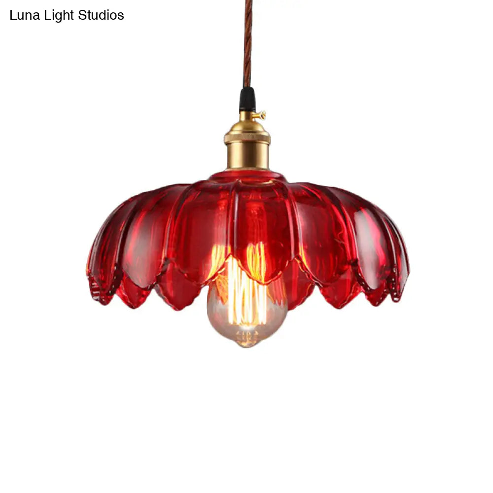 Industrial Red Glass Scalloped Pendant Lamp - 1 Light Ceiling Hanging Fixture For Living Room