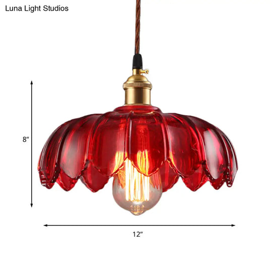 Industrial Red Glass Scalloped Pendant Lamp - 1 Light Ceiling Hanging Fixture For Living Room