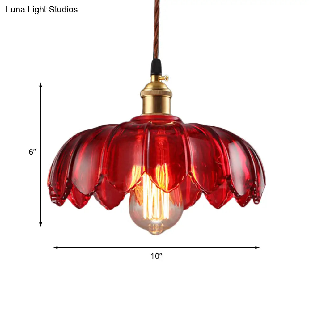 Industrial Scalloped Pendant Lamp - 1 Light Red Glass Hanging Ceiling For Living Room