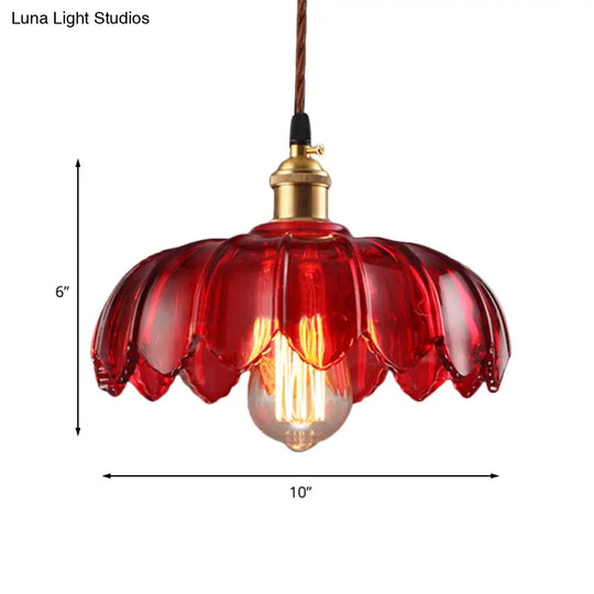 Industrial Scalloped Pendant Lamp - 1 Light Red Glass Hanging Ceiling For Living Room