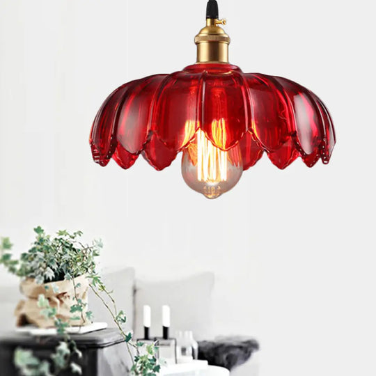 Industrial Scalloped Pendant Lamp - 1 Light Red Glass Hanging Ceiling For Living Room