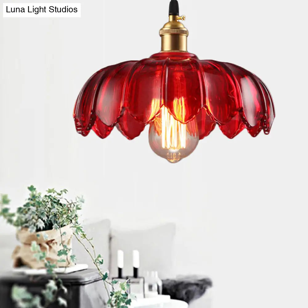 Industrial Red Glass Scalloped Pendant Lamp - 1 Light Ceiling Hanging Fixture For Living Room