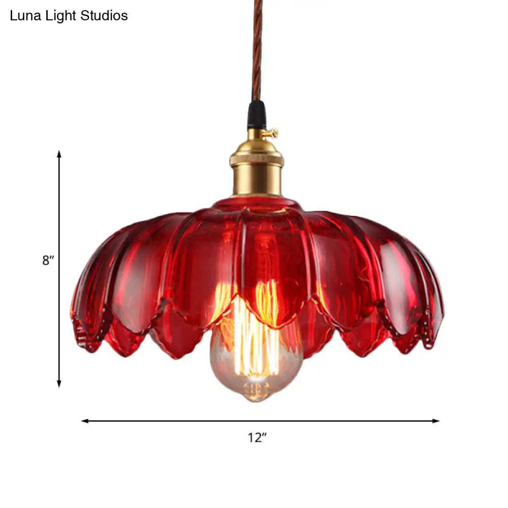 Industrial Scalloped Pendant Lamp - 1 Light Red Glass Hanging Ceiling For Living Room