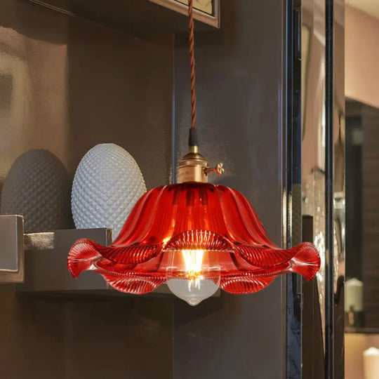 Industrial Scalloped Pendant Light - 1 Red Glass 8’/10’/12’ Wide Hanging Lamp For Living Room / 8’