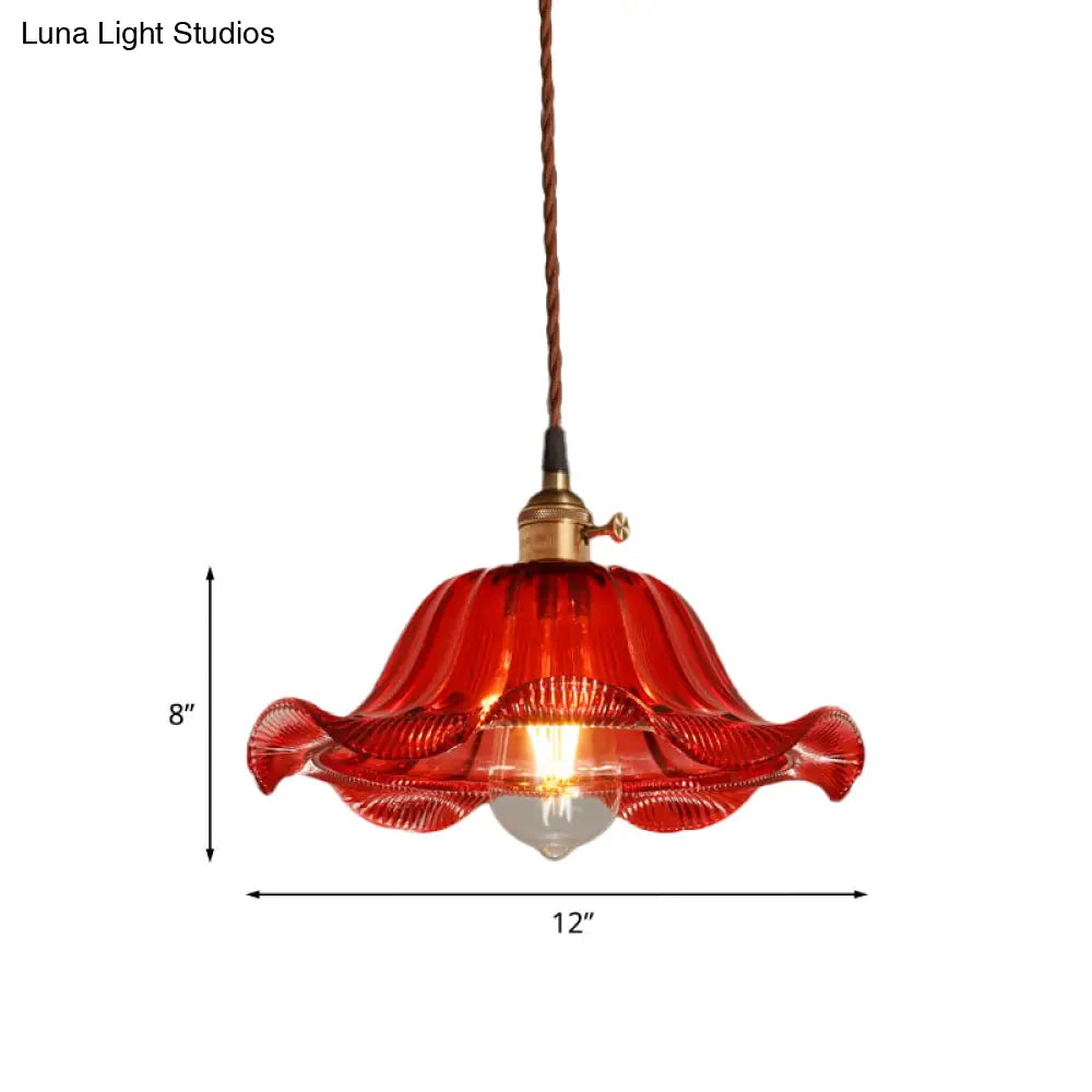 Industrial Scalloped Pendant Light - 1 Red Glass 8’/10’/12’ Wide Hanging Lamp For Living Room