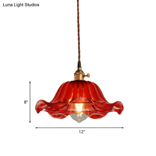 Industrial Scalloped Pendant Light - 1 Red Glass 8’/10’/12’ Wide Hanging Lamp For Living Room