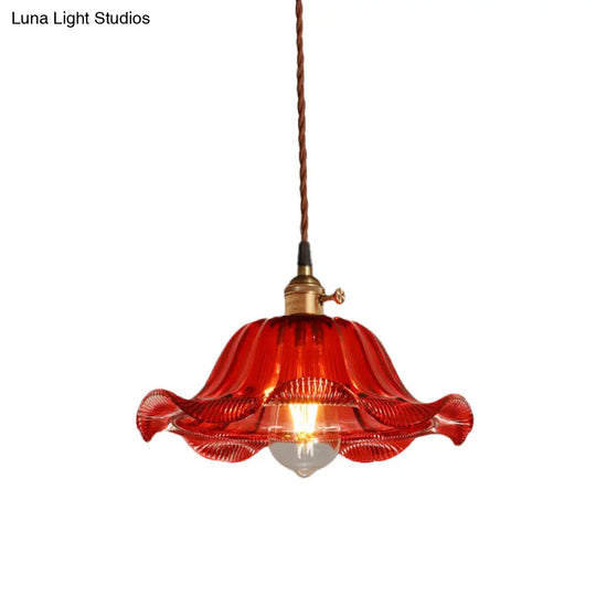 Industrial Scalloped Pendant Light - Red Glass Hanging Lamp For Living Room 8/10/12 Wide