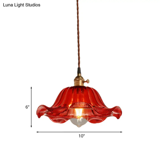 Industrial Scalloped Pendant Light - 1 Red Glass 8’/10’/12’ Wide Hanging Lamp For Living Room