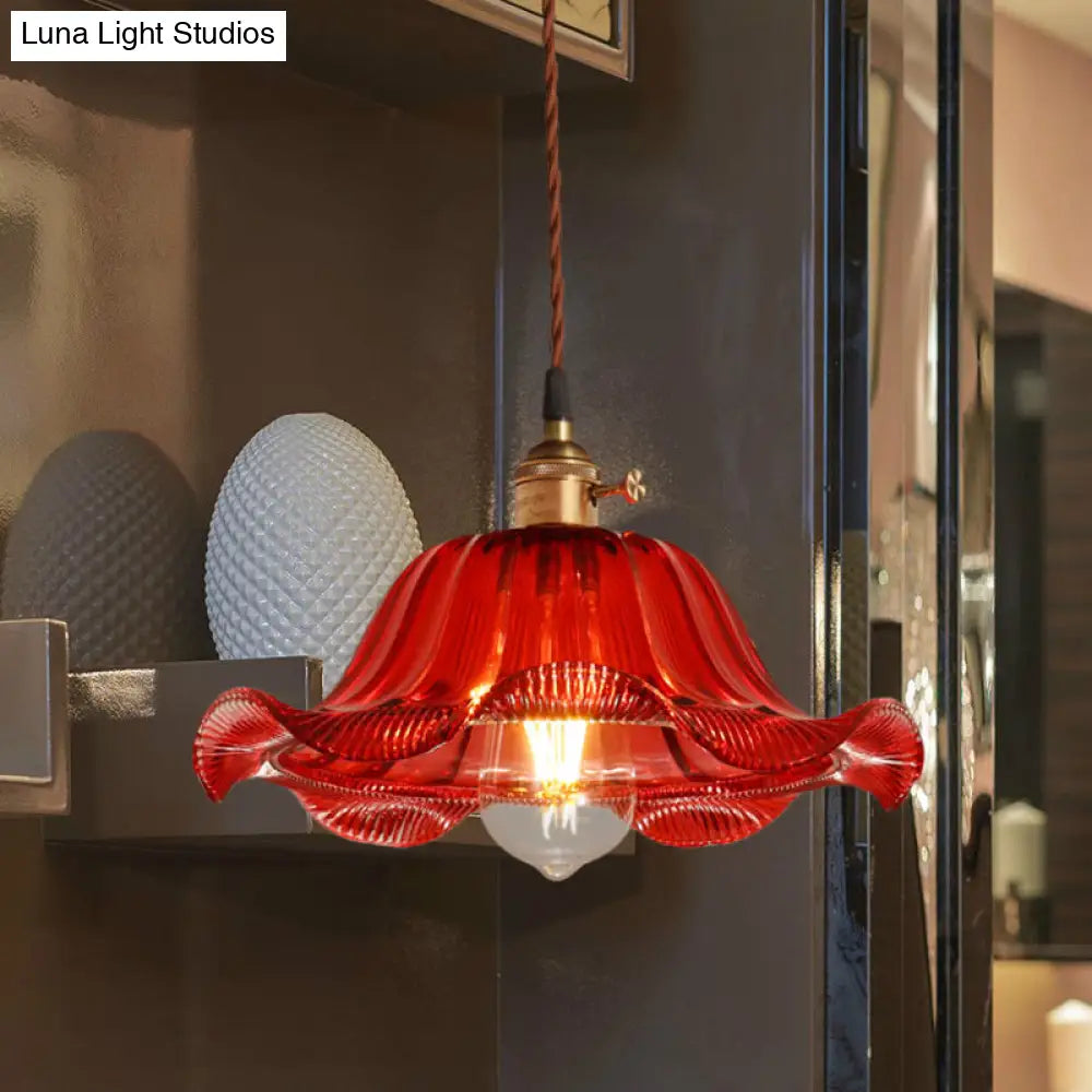 Industrial Scalloped Pendant Light - Red Glass Hanging Lamp For Living Room 8/10/12 Wide / 8