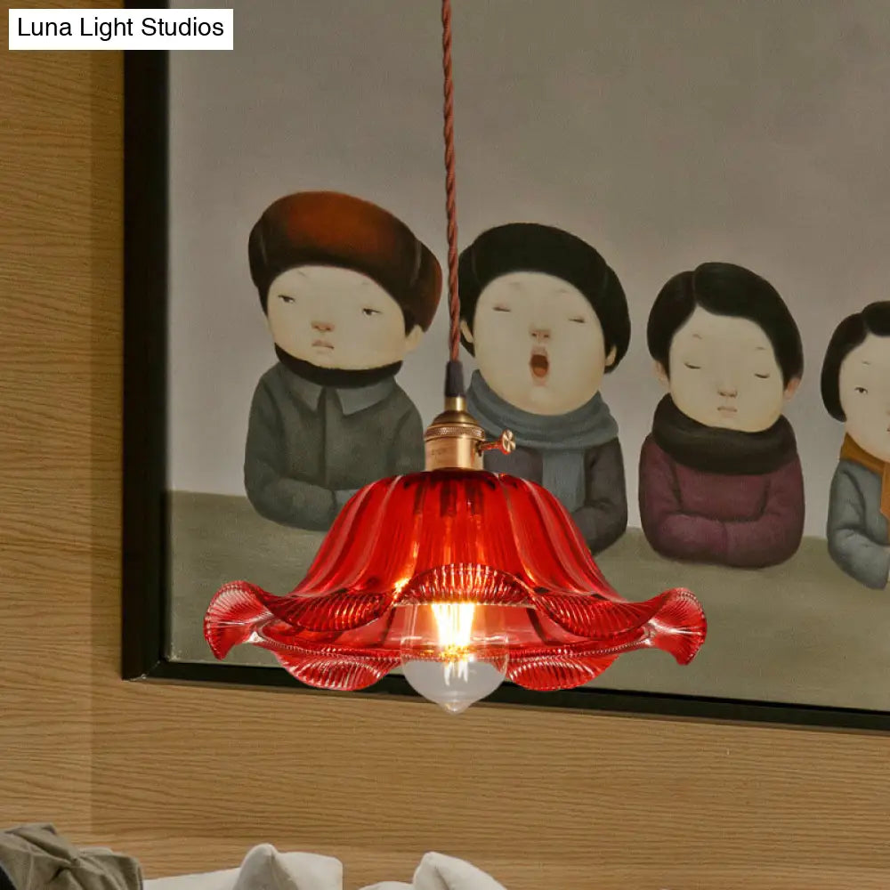 Industrial Scalloped Pendant Light - 1 Red Glass 8’/10’/12’ Wide Hanging Lamp For Living Room