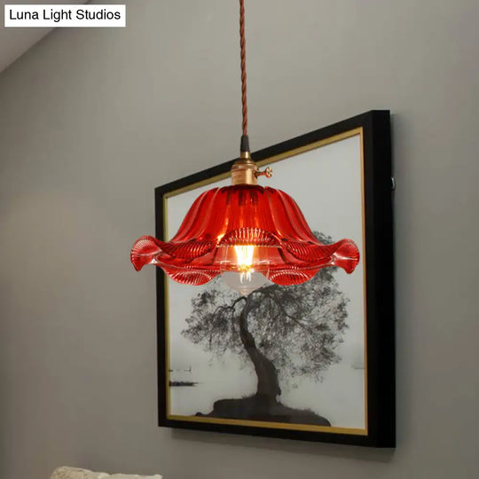 Industrial Scalloped Pendant Light - 1 Red Glass 8’/10’/12’ Wide Hanging Lamp For Living Room