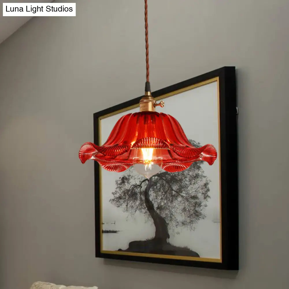 Industrial Scalloped Pendant Light - Red Glass Hanging Lamp For Living Room 8/10/12 Wide