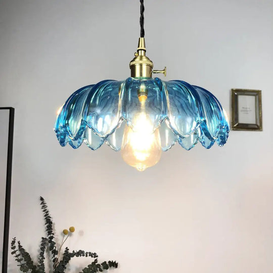 Industrial Scalloped Pendant Light - Blue Glass Hanging Lamp With Ribbed Cover Sizes: