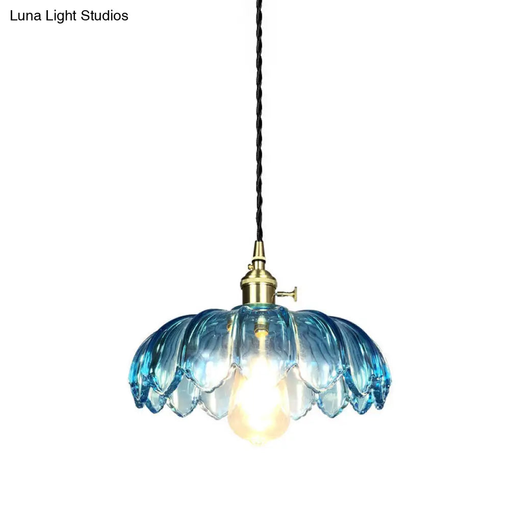 Industrial Scalloped Pendant Light - Blue Glass Hanging Lamp With Ribbed Cover Sizes: