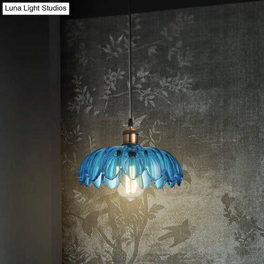 Industrial Scalloped Pendant Light: 8/10/12 Wide 1-Light Blue Glass Hanging Lamp In Brass With