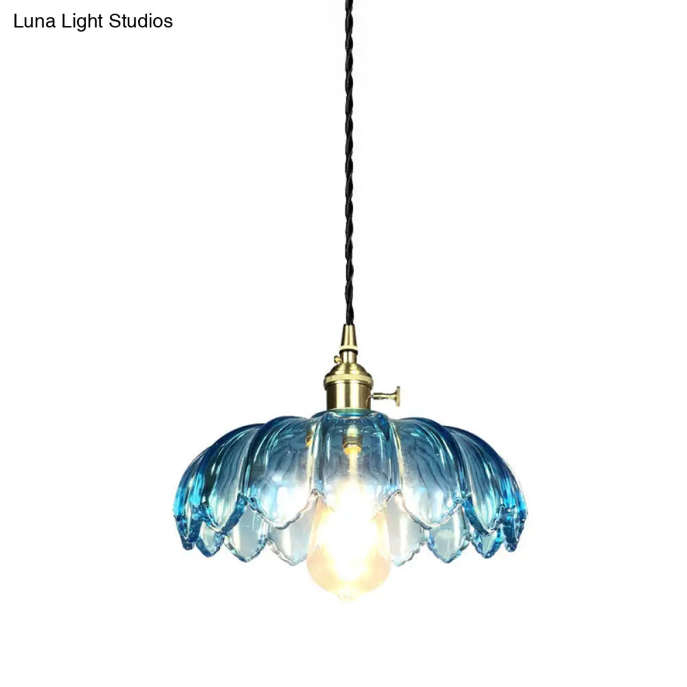 Industrial Scalloped Pendant Light: 8/10/12 Wide 1-Light Blue Glass Hanging Lamp In Brass With