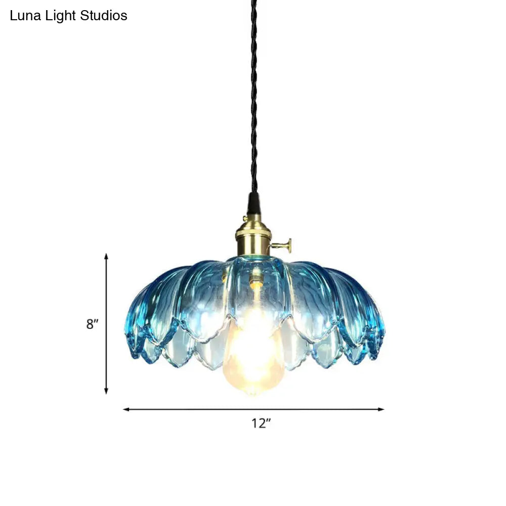 Industrial Scalloped Pendant Light - Blue Glass Hanging Lamp With Ribbed Cover Sizes: