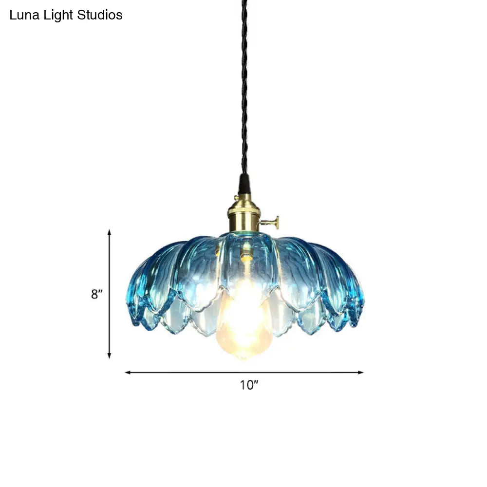 Industrial Scalloped Pendant Light - Blue Glass Hanging Lamp With Ribbed Cover Sizes: